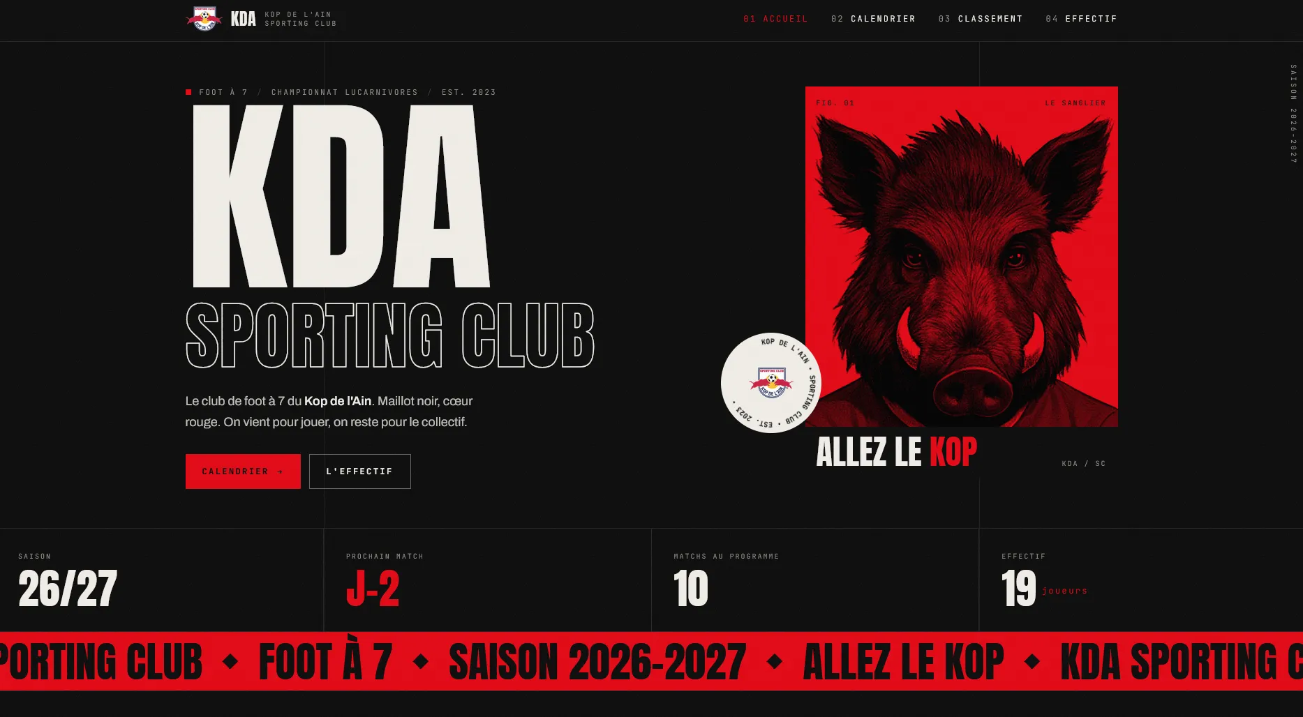 Page d’accueil du site KDA Sporting Club